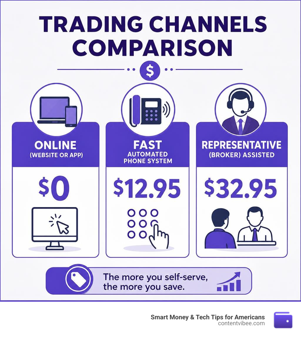 Fidelity trading channels comparison: online $0, FAST phone $12.95, rep-assisted $32.95 infographic