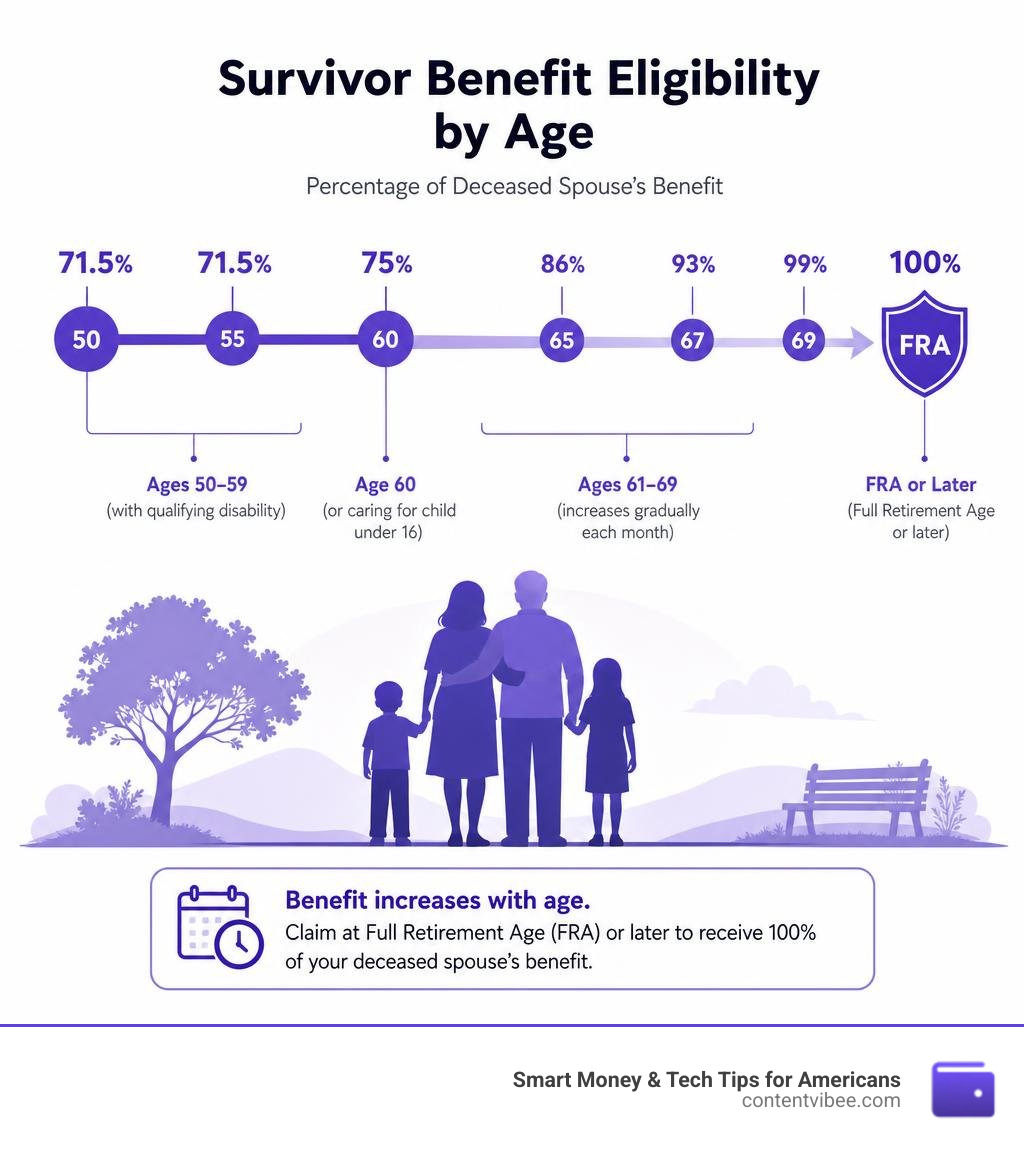 Timeline infographic showing survivor benefit eligibility percentages by age from 50 to FRA infographic