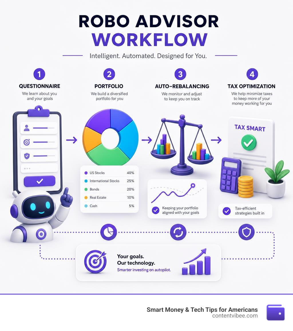 Robo advisor workflow infographic: questionnaire to portfolio to auto-rebalancing to tax optimization infographic