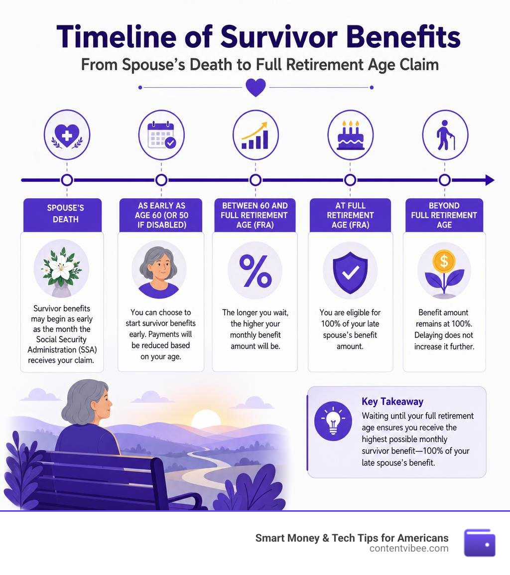 Timeline of survivor benefits from spouse's death to full retirement age claim infographic