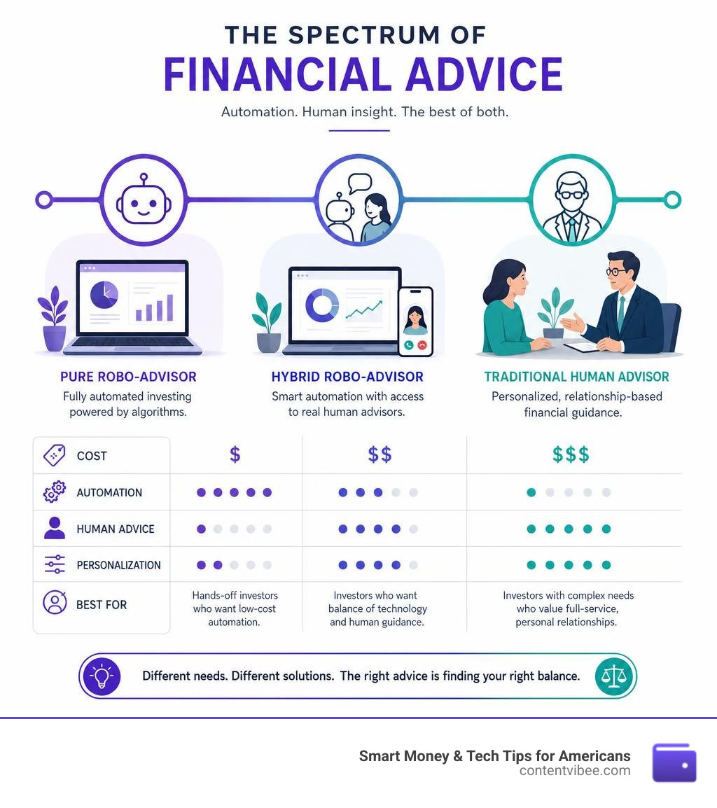 Spectrum of financial advice from pure robo-advisor to hybrid to traditional human advisor infographic