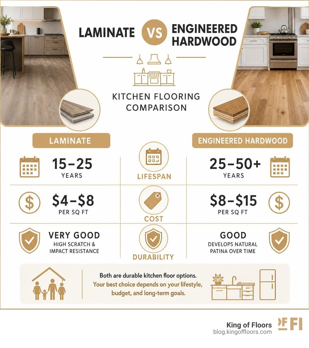Laminate vs engineered hardwood kitchen flooring comparison infographic with lifespan, cost, and durability infographic