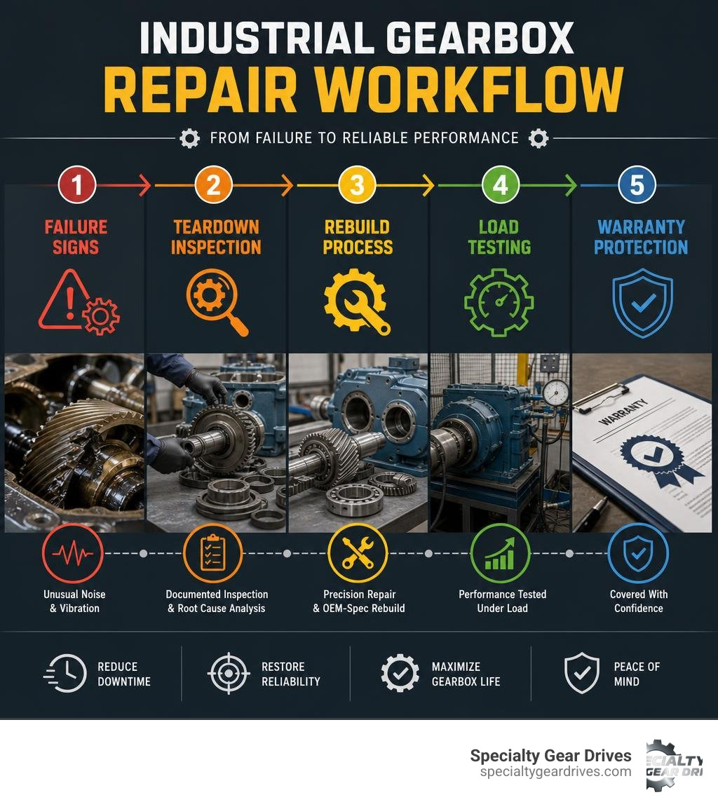 Industrial gearbox repair workflow infographic: failure signs, teardown inspection, rebuild process, load testing, warranty Industrial gearbox repair workflow infographic: failure signs, teardown inspection, rebuild process, load testing, warranty
