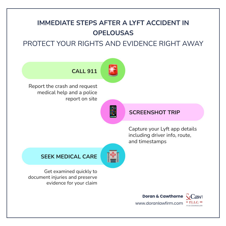 Immediate steps after a Lyft accident in Opelousas: infographic showing call 911, screenshot trip, seek medical care Immediate steps after a Lyft accident in Opelousas: infographic showing call 911, screenshot trip, seek medical care