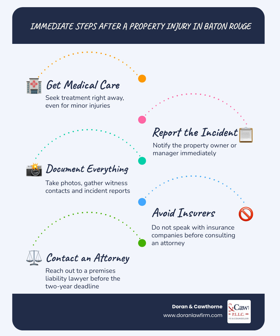 Infographic showing 5 immediate steps after a property injury in Baton Rouge Louisiana infographic Infographic showing 5 immediate steps after a property injury in Baton Rouge Louisiana infographic