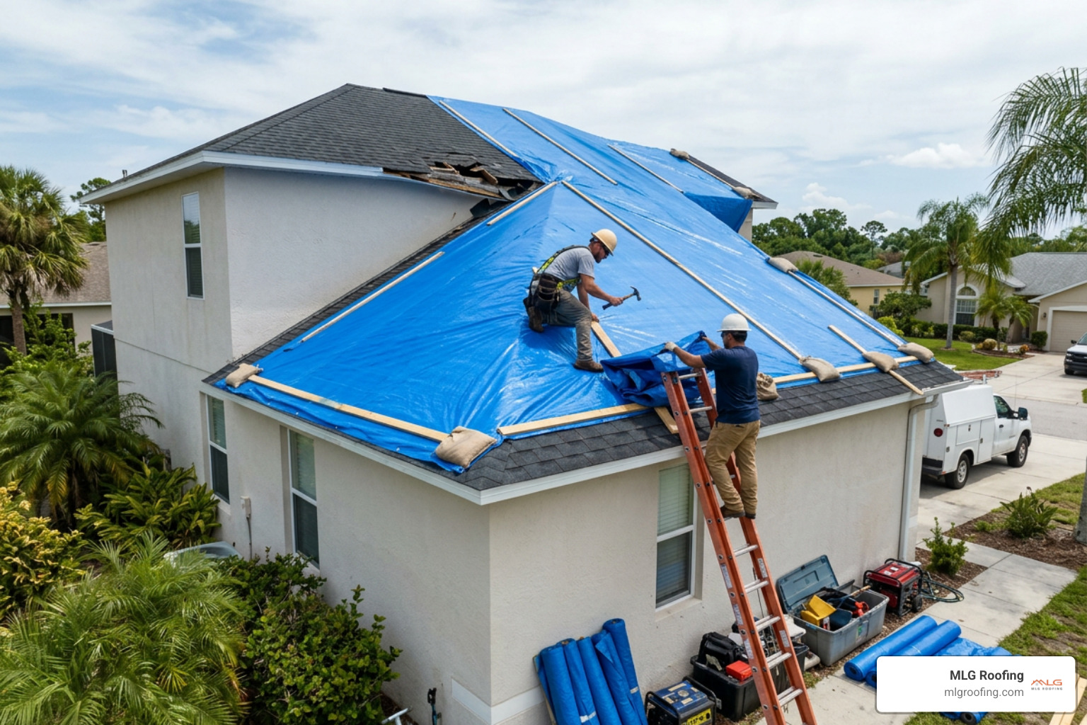 Emergency roof tarping installation on a home in Palm Bay FL
