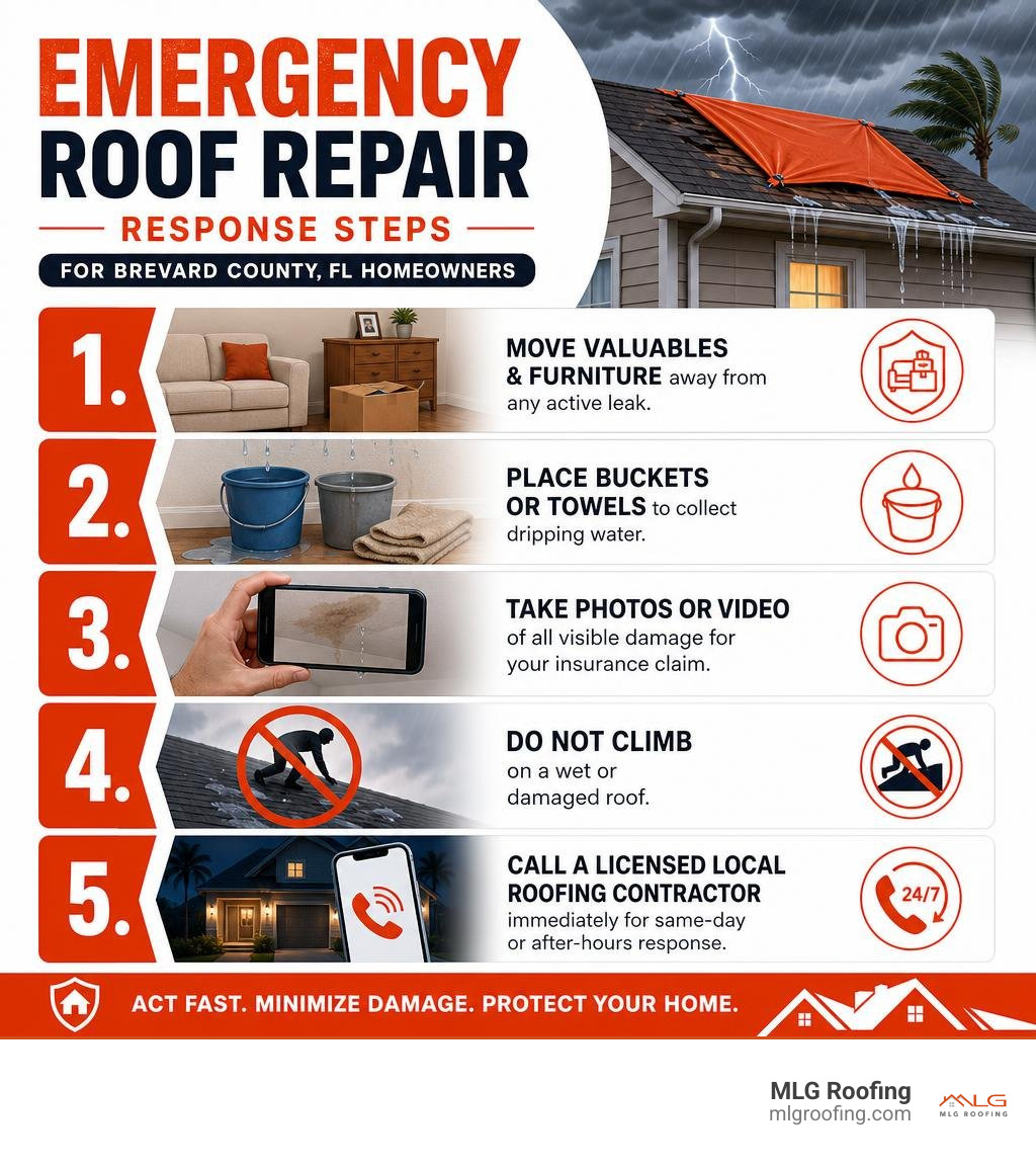 Emergency roof repair response steps infographic for Brevard County FL homeowners infographic