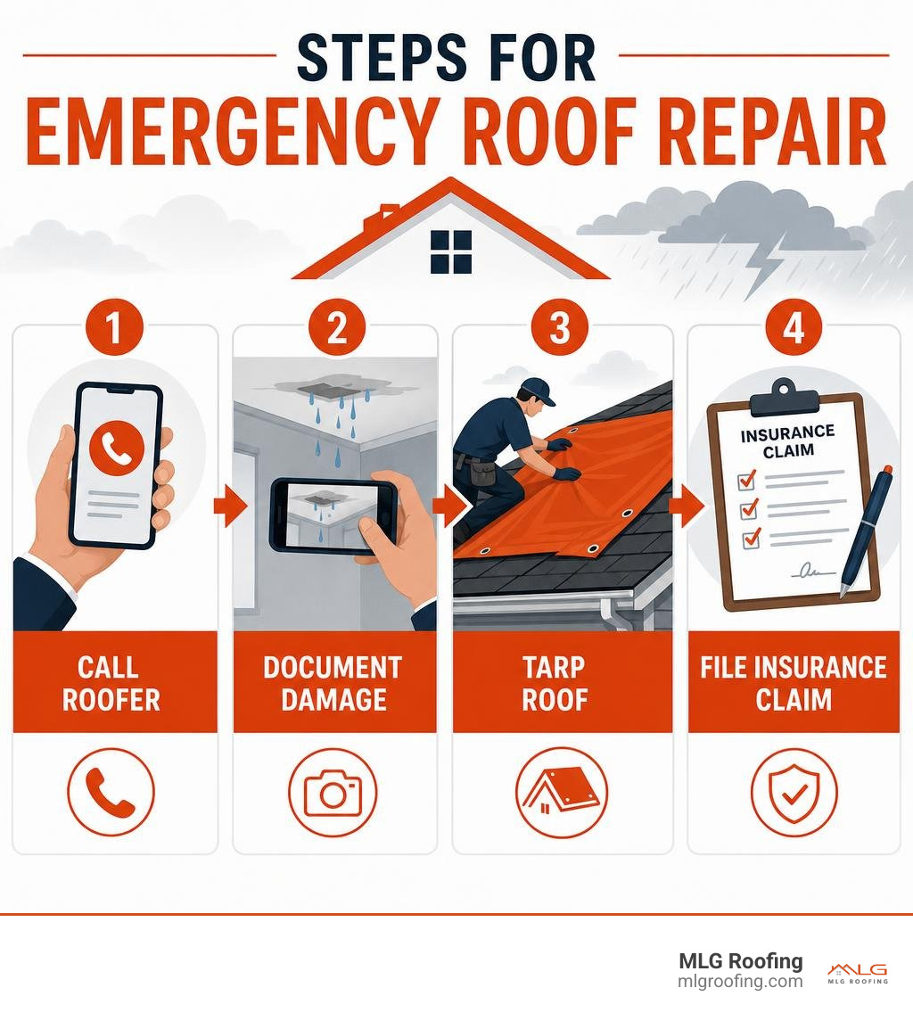 Steps for emergency roof repair: call roofer, document damage, tarp roof, file insurance claim infographic