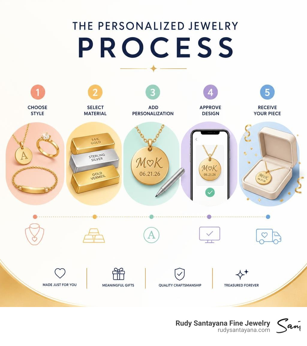 Step-by-step personalized jewelry process: choose style, select material, add personalization, approve design, receive piece Step-by-step personalized jewelry process: choose style, select material, add personalization, approve design, receive piece