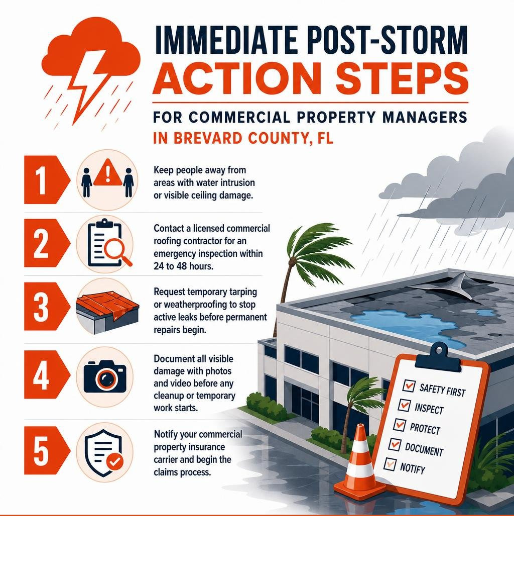 Infographic showing immediate post-storm action steps for commercial property managers in Brevard County FL infographic