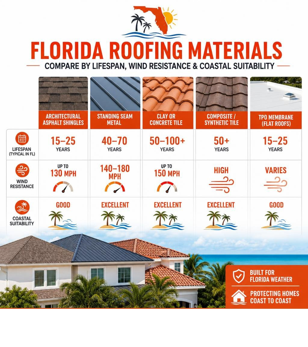 Infographic comparing Florida roofing materials by lifespan, wind resistance, and coastal suitability infographic Infographic comparing Florida roofing materials by lifespan, wind resistance, and coastal suitability infographic