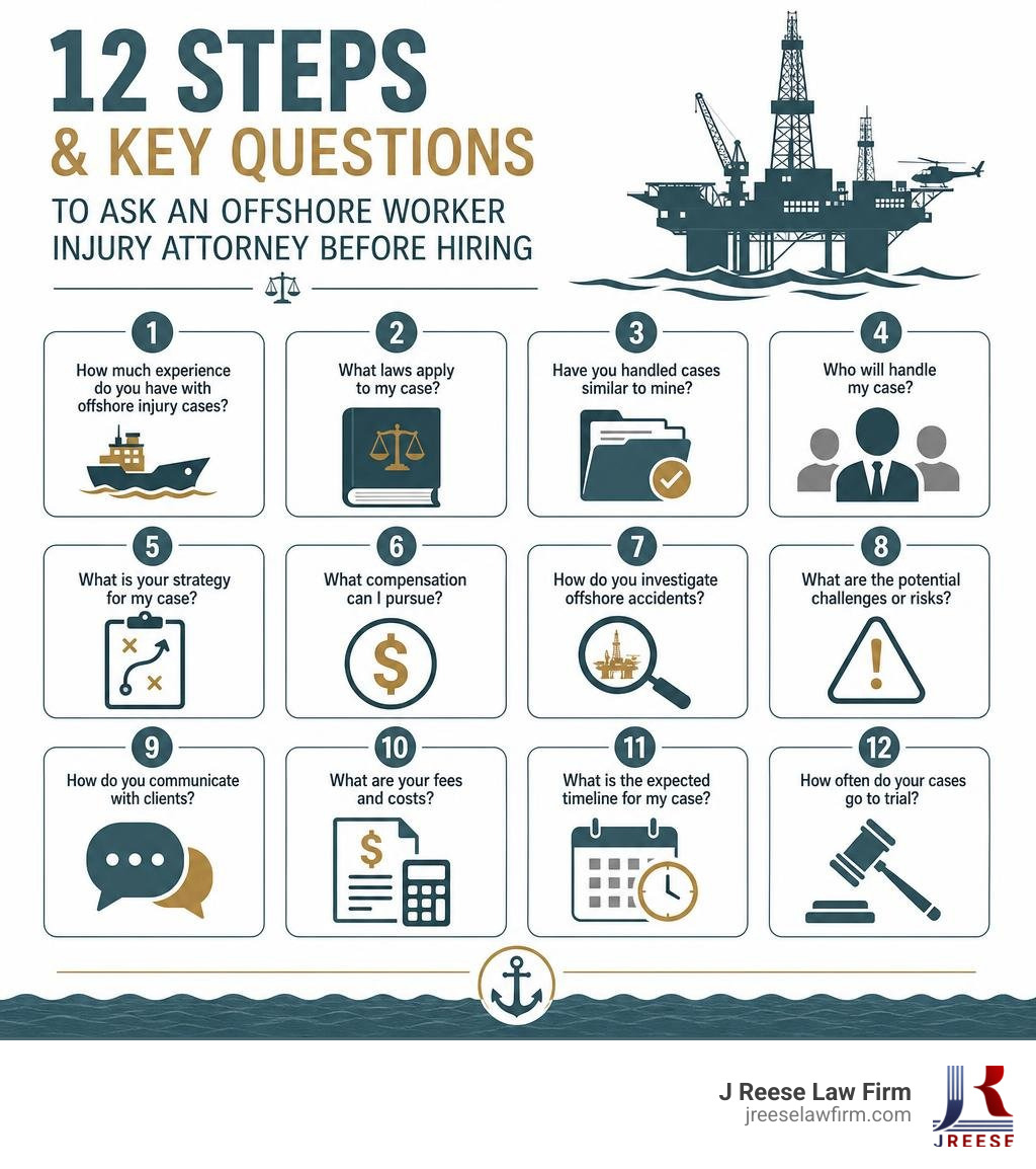 12 steps and key questions to ask an offshore worker injury attorney before hiring infographic