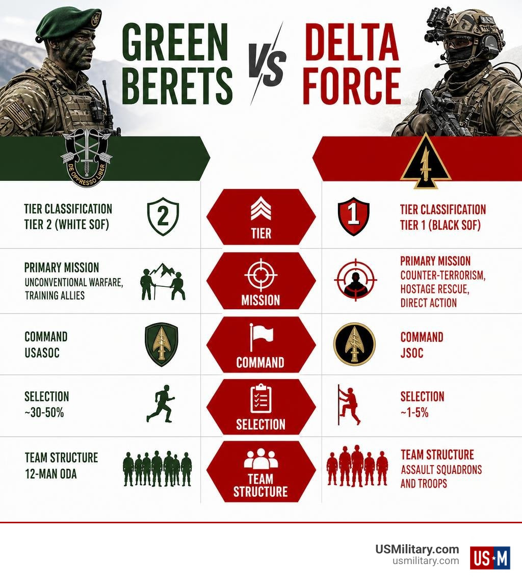 Infographic comparing Green Berets vs Delta Force: tier, mission, command, selection, and team structure infographic