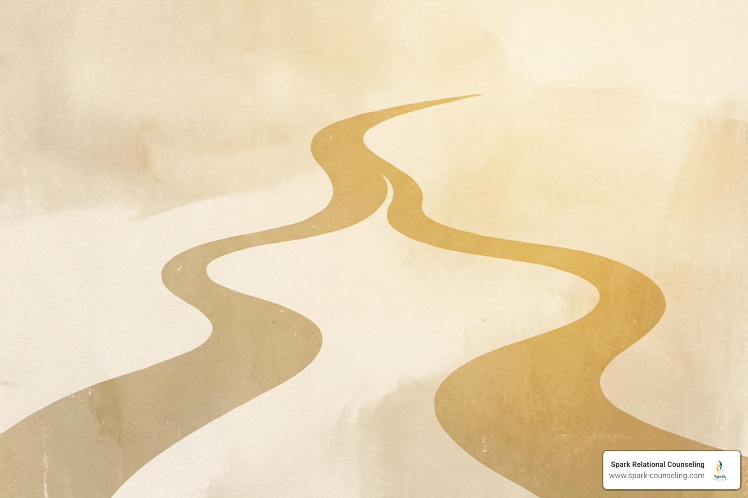 minimalist, warm amber-toned graphic representing two paths aligning into a single, strong journey