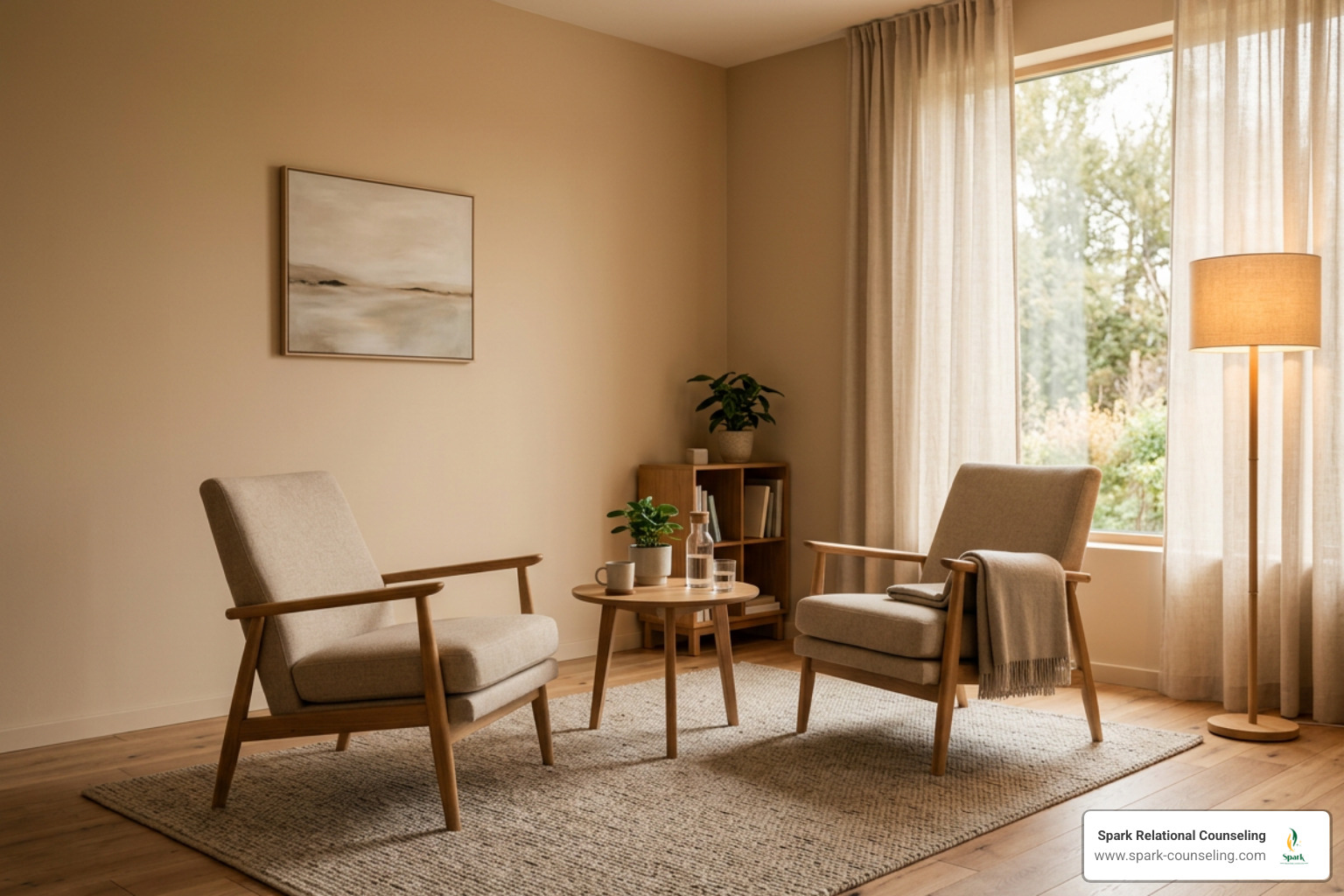 minimalist therapy room in warm amber tones with empty chairs