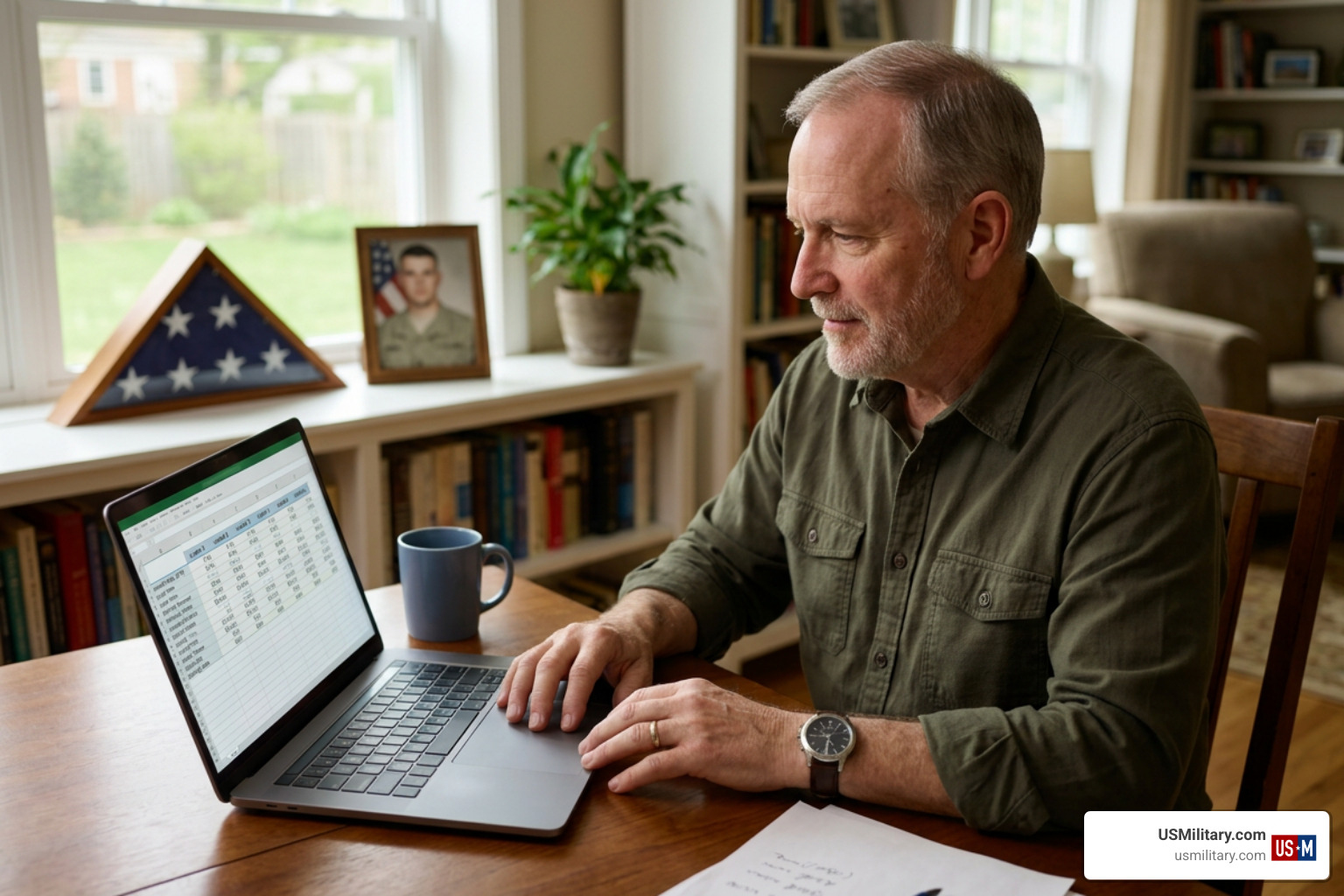 American veteran comparing mortgage rates on a laptop at home