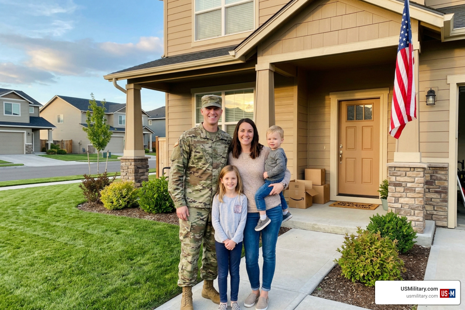 Army family standing in front of their new home with American flag