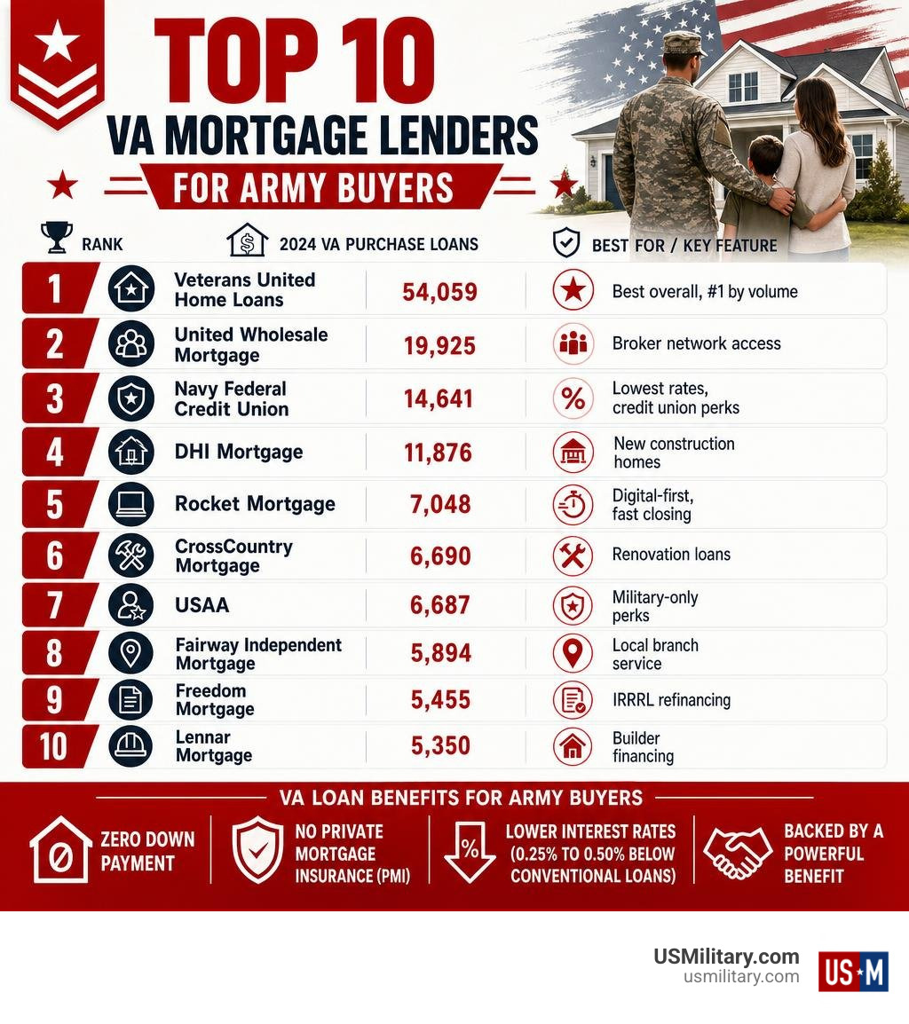 Infographic showing top 10 VA mortgage lenders for Army buyers with loan volume and key features infographic