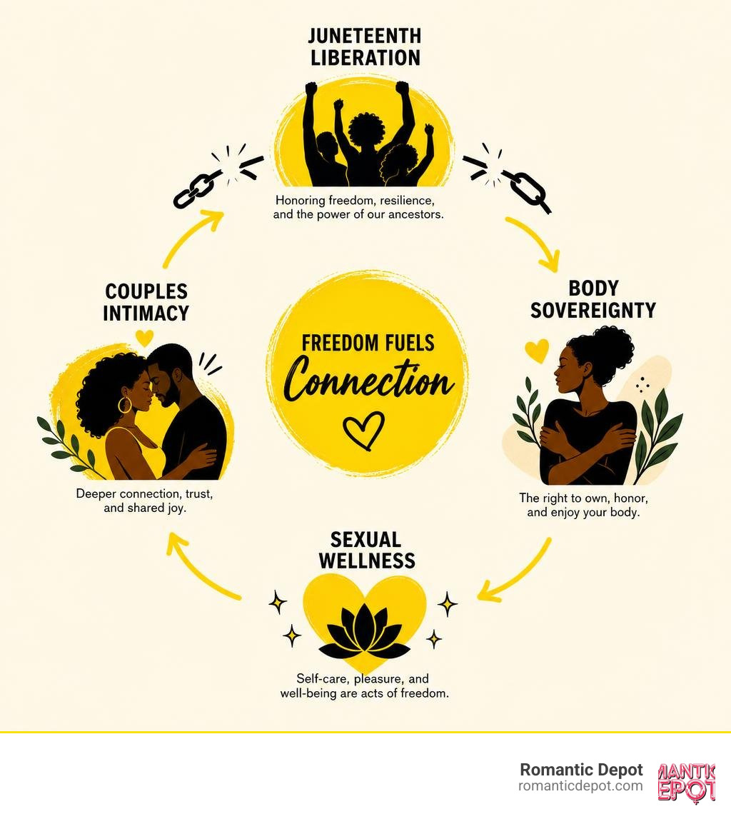 Infographic showing the link between Juneteenth liberation, body sovereignty, sexual wellness, and couples intimacy Infographic showing the link between Juneteenth liberation, body sovereignty, sexual wellness, and couples intimacy