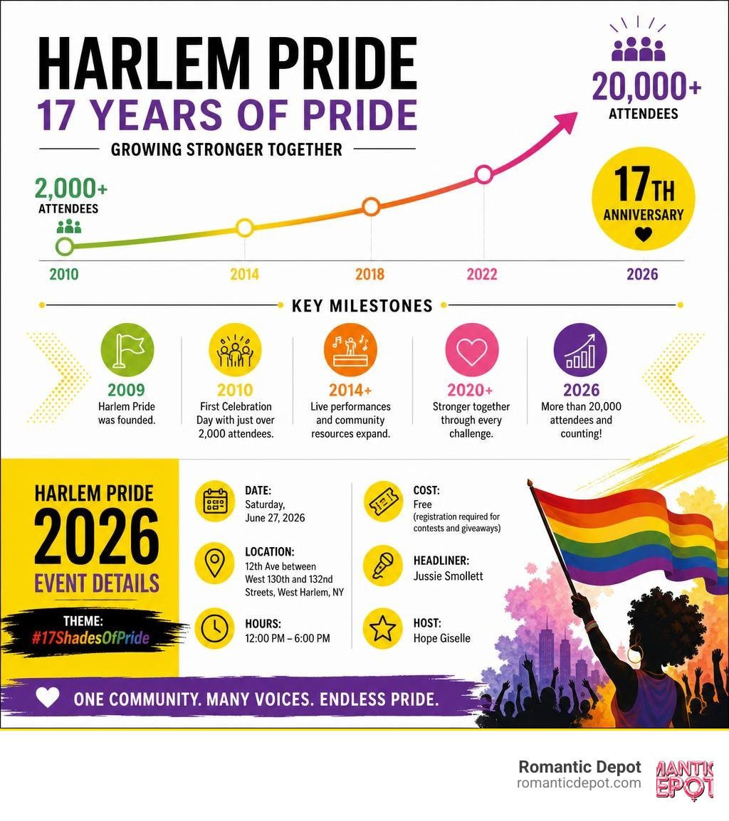 Infographic showing Harlem Pride growth from 2,000 attendees in 2010 to 20,000+ in 2026, key milestones, and 2026 event