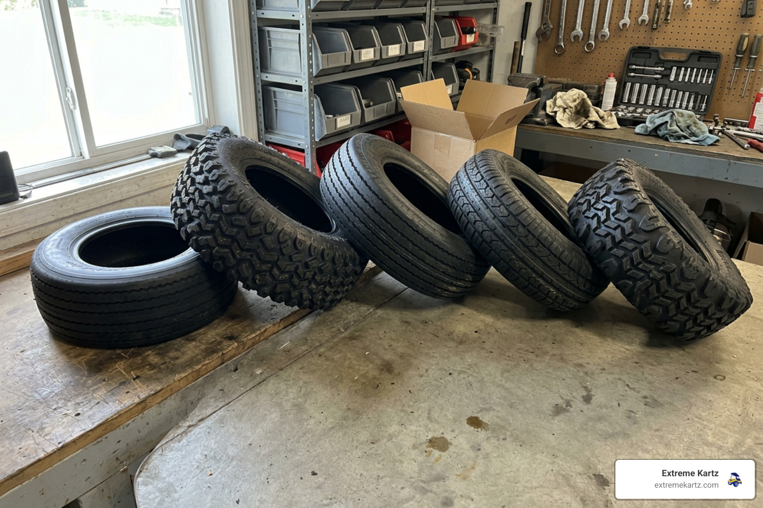 different golf cart tire tread patterns next to a garage workbench