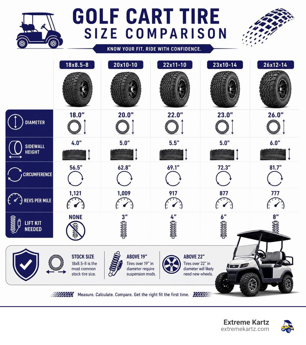 Golf cart tire size comparison infographic showing diameter, sidewall, circumference, and lift kit requirements by size