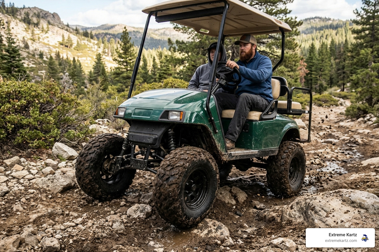 golf cart lift kits and tires on rugged off-road terrain with visible ground clearance