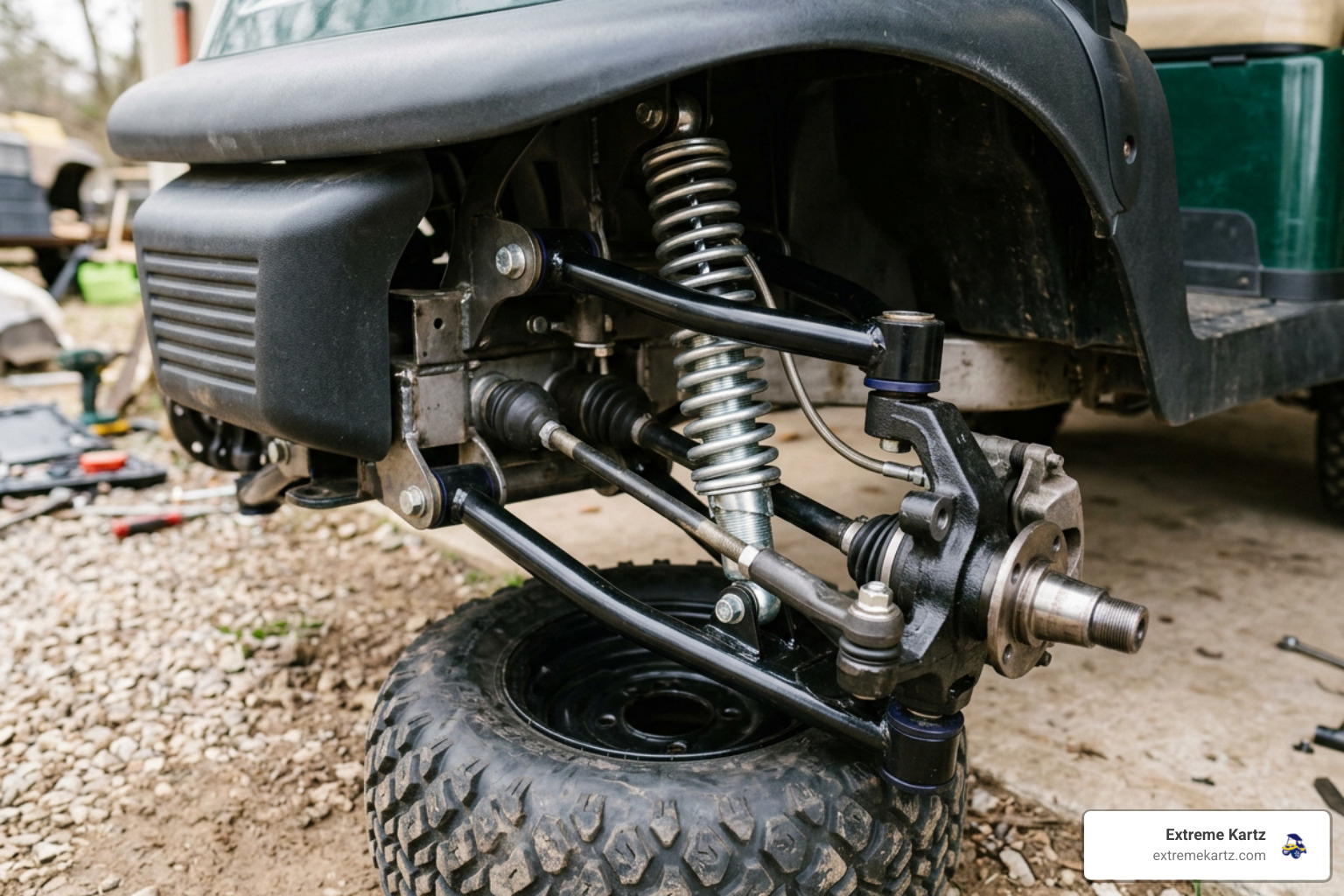Close-up of a heavy-duty double A-arm front suspension lift kit installed on a golf cart