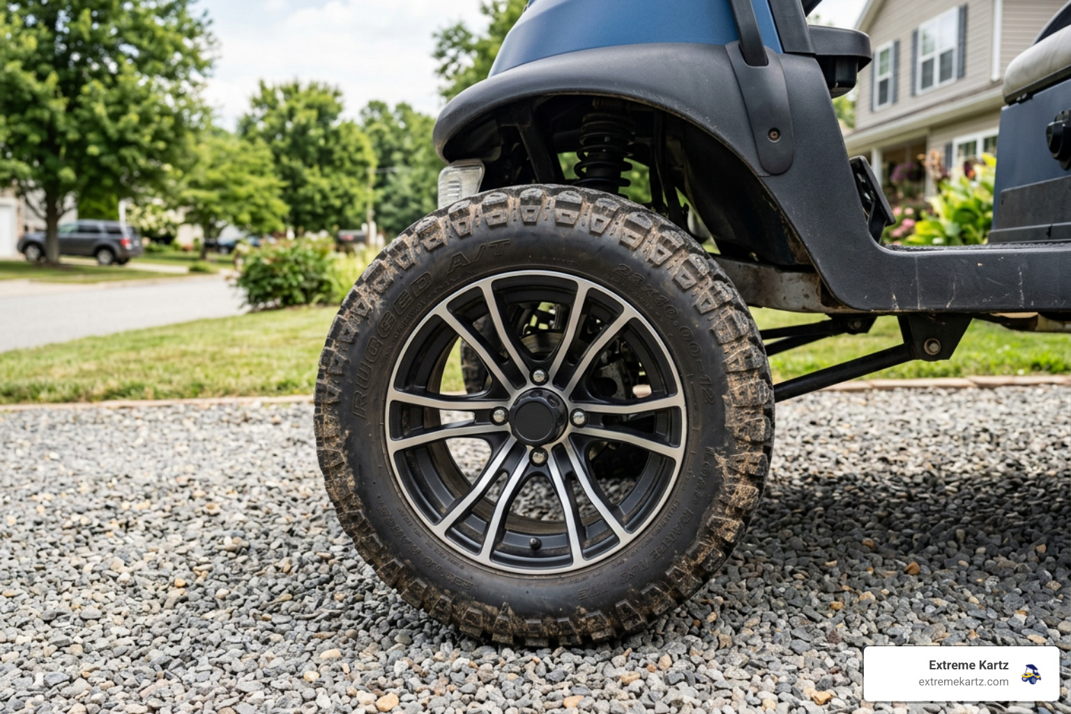 A set of 12-inch custom aluminum wheels mounted on 23-inch rugged all-terrain tires for a lifted golf cart