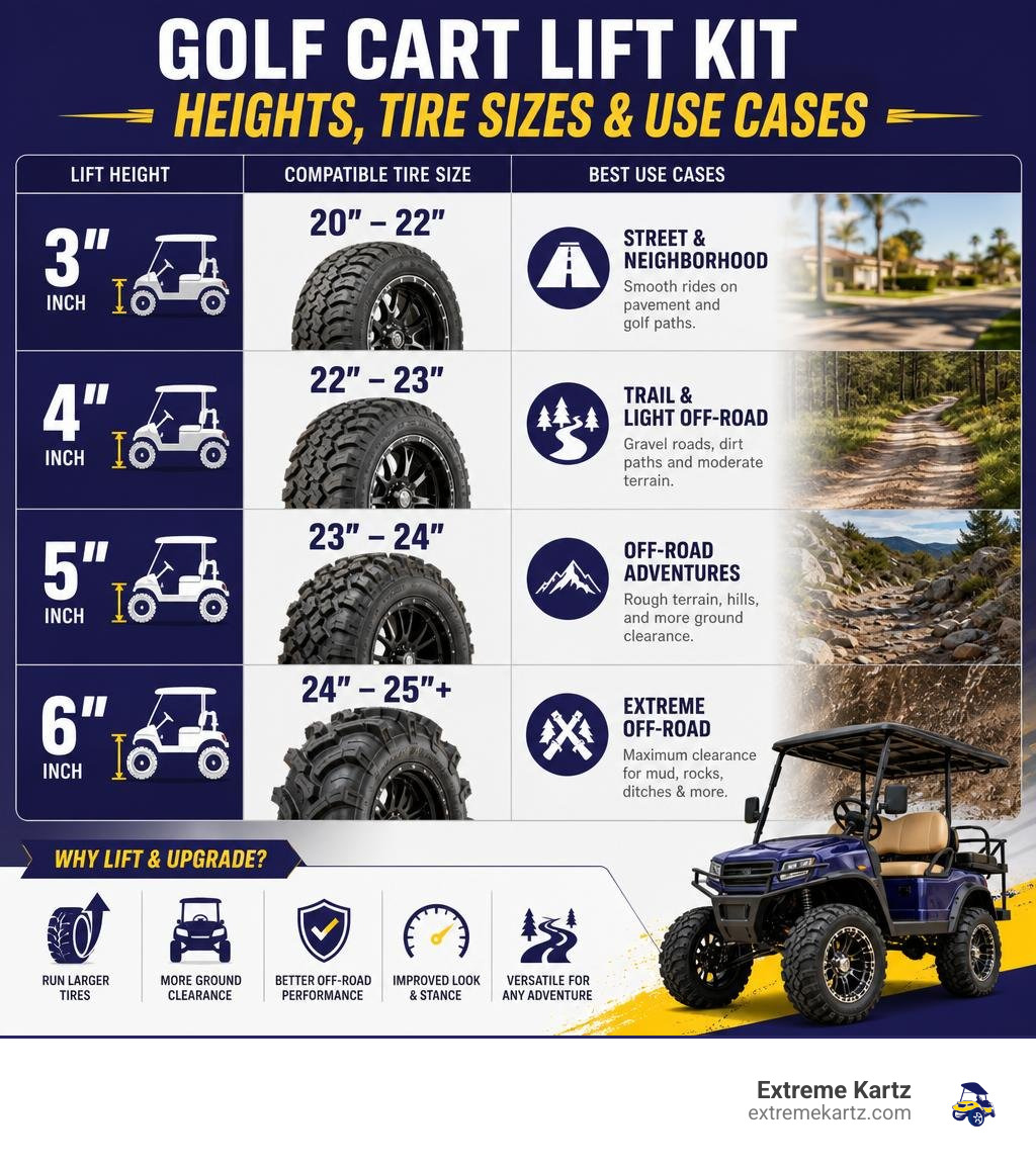 Infographic showing golf cart lift kit heights from 3 to 6 inches with compatible tire sizes and use cases infographic