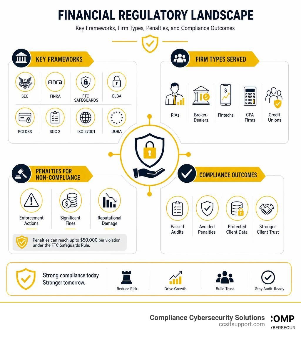 Financial regulatory landscape infographic showing key frameworks, firm types, penalties, and compliance outcomes infographic