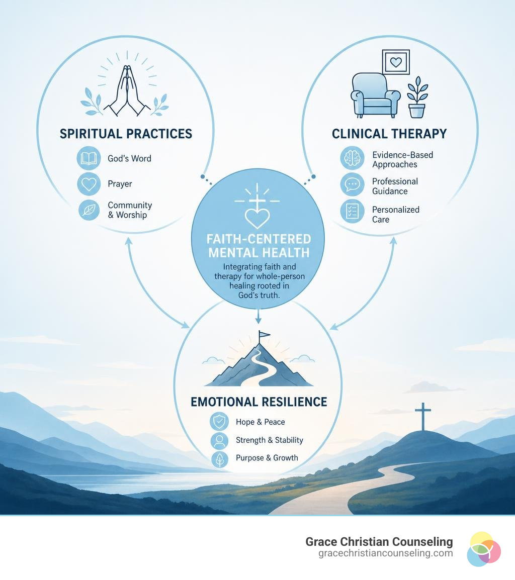 Infographic showing connection between spiritual practices, clinical therapy, and emotional resilience in faith centered Infographic showing connection between spiritual practices, clinical therapy, and emotional resilience in faith centered