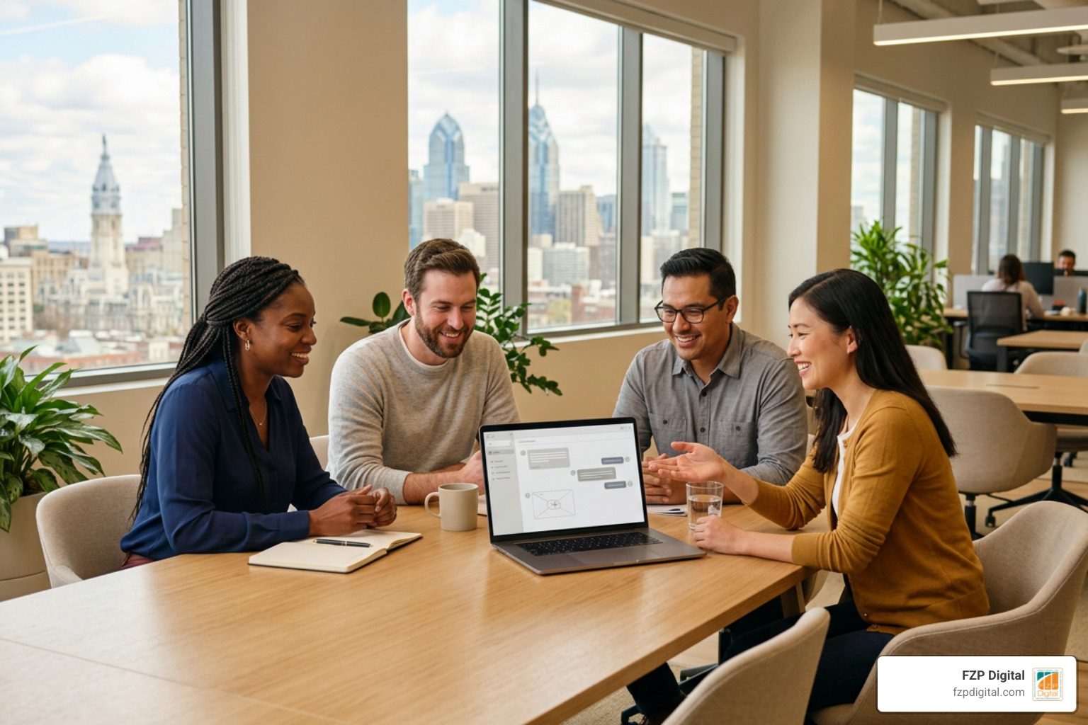 Friendly team at FZP Digital in Philadelphia discussing modern web chat app integration with a client Friendly team at FZP Digital in Philadelphia discussing modern web chat app integration with a client
