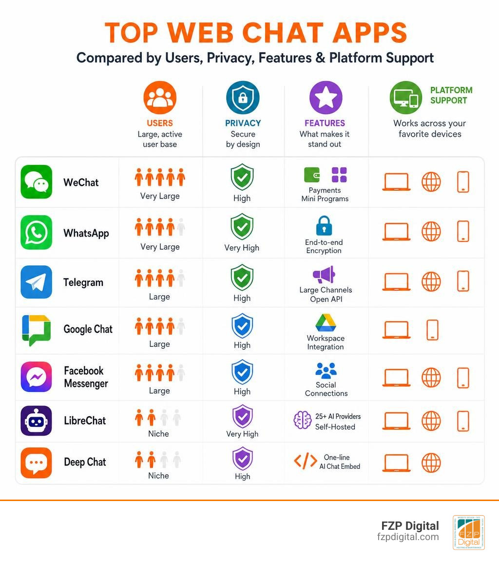Infographic showing top web chat apps compared by users, privacy, features, and platform support infographic Infographic showing top web chat apps compared by users, privacy, features, and platform support infographic