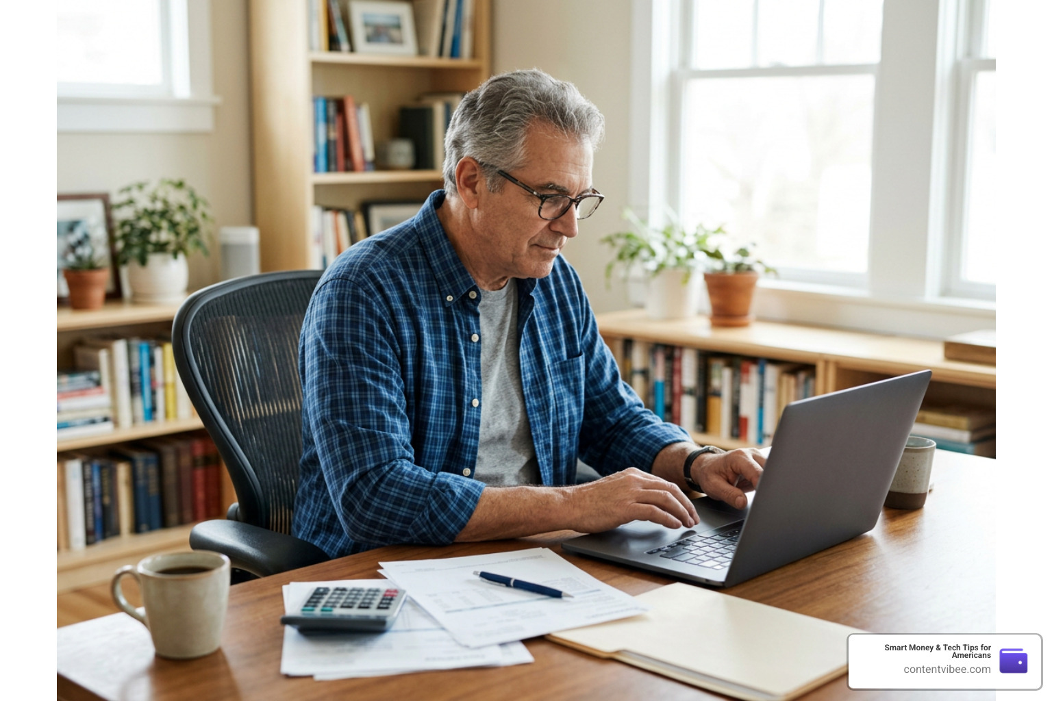 Senior working on a laptop managing retirement accounts and earnings limits