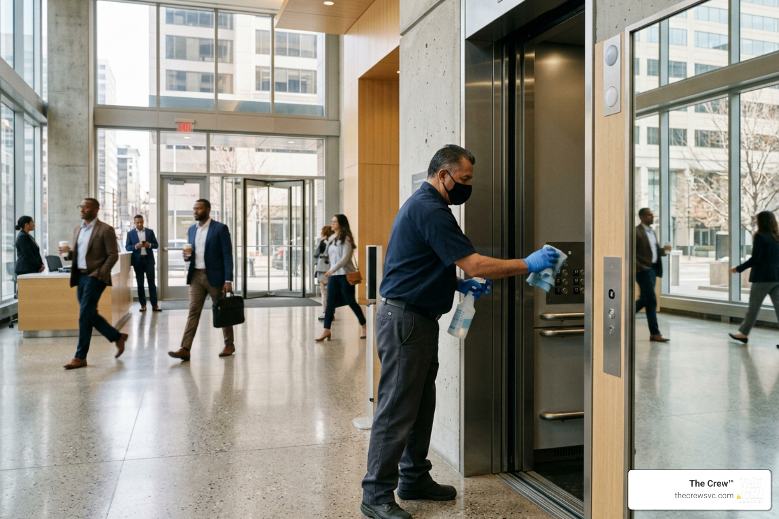 Day porter disinfecting high-touch surfaces in a busy Denver office building lobby