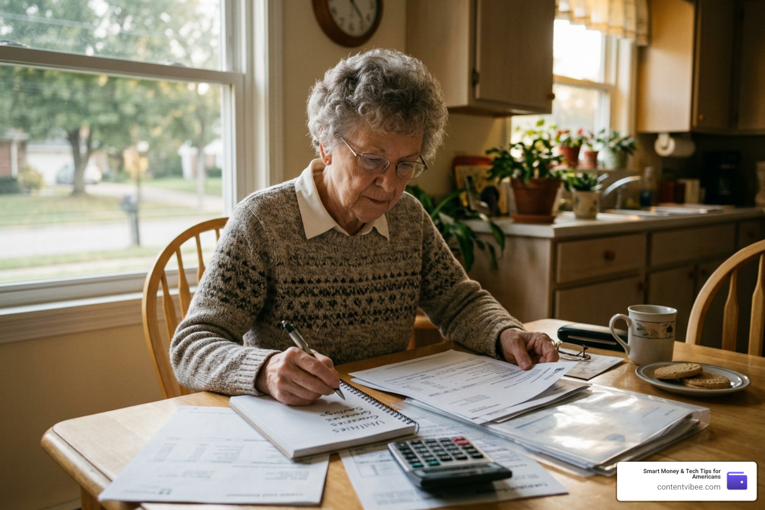 An elderly woman reviewing financial documents and planning her budget