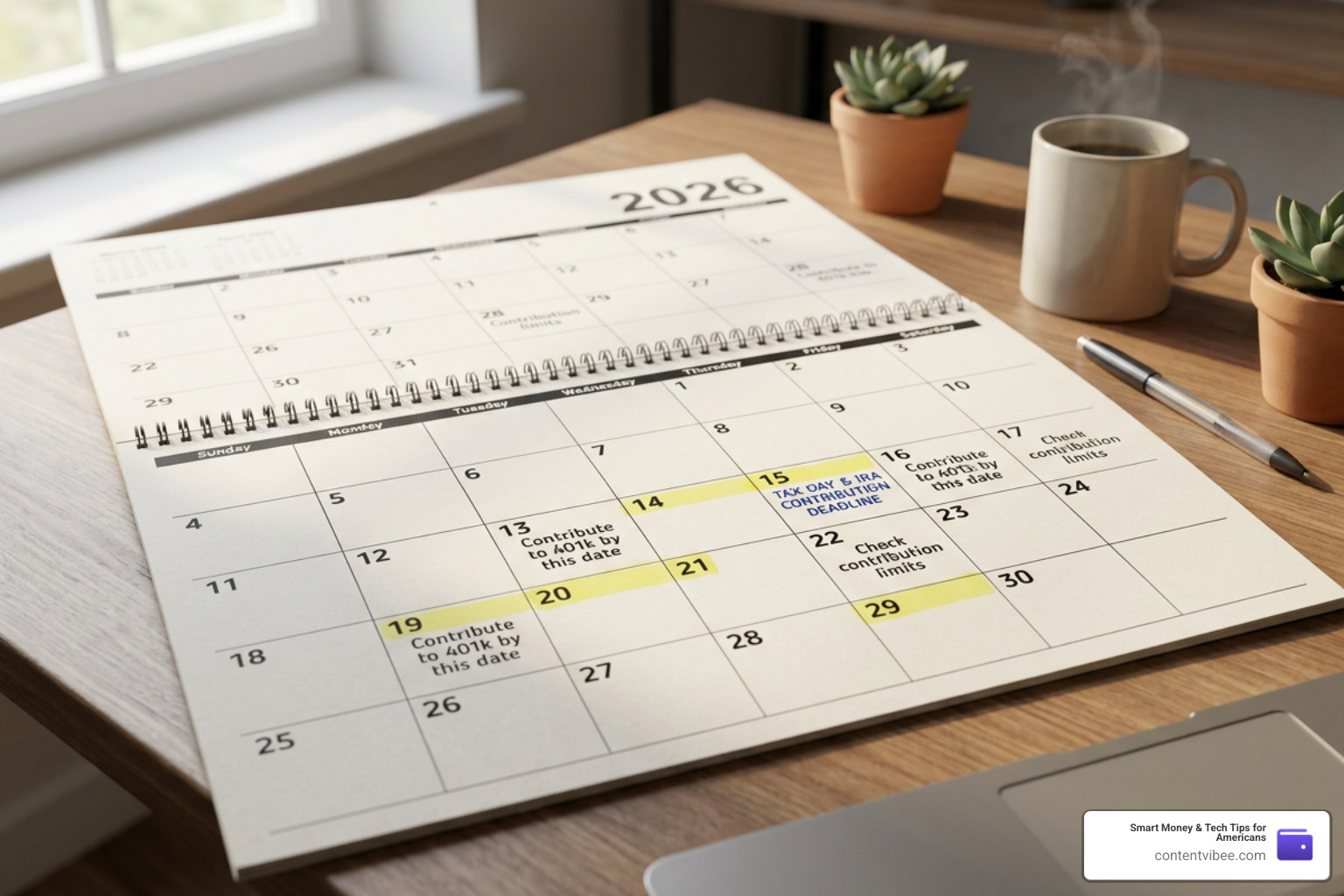 A 2026 calendar highlighting key retirement deadlines and contribution limits
