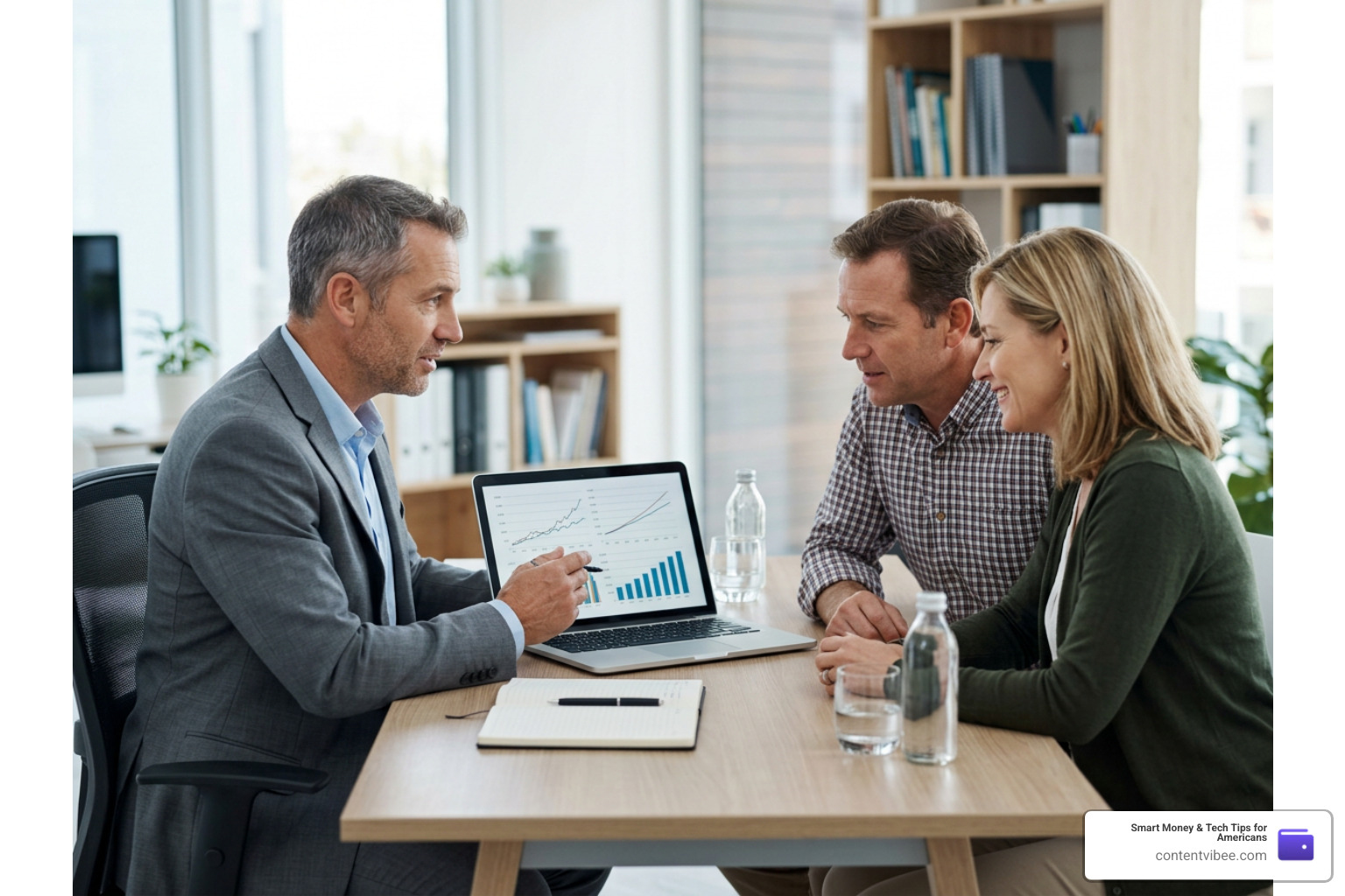 financial advisor showing charts to a couple