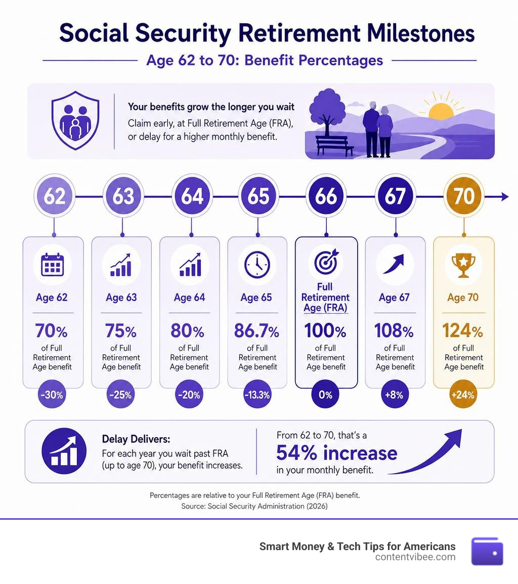 Timeline of Social Security retirement milestones from age 62 to 70 with benefit percentages infographic