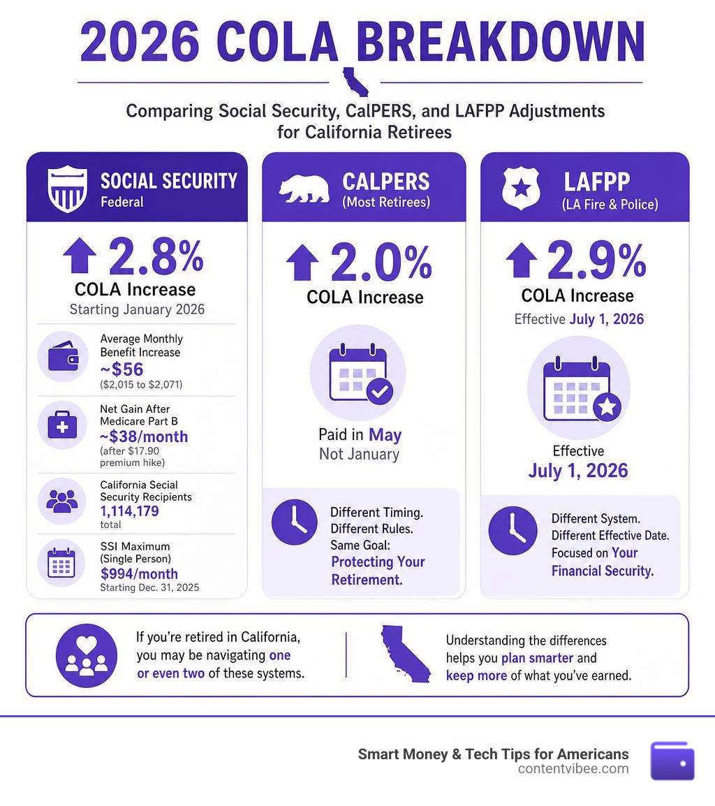 2026 COLA breakdown comparing Social Security, CalPERS, and LAFPP adjustments for California retirees infographic