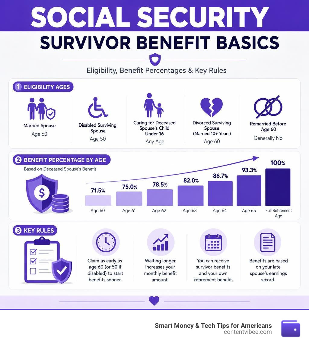 Infographic showing Social Security survivor benefit basics: eligibility ages, benefit percentages by age, and key rules