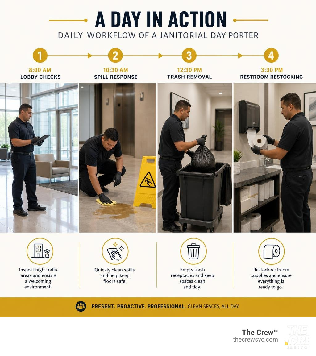Daily workflow of a janitorial day porter from morning lobby checks to afternoon restroom restocking infographic