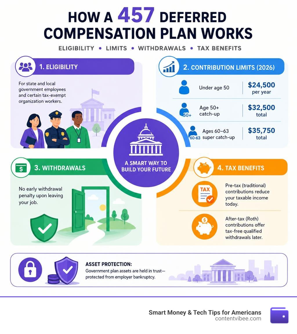How a 457 deferred compensation plan works: eligibility, limits, withdrawals, and tax benefits infographic