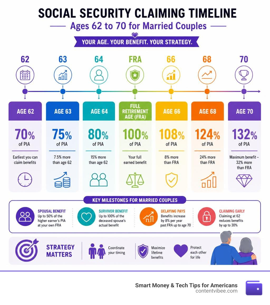 Timeline of Social Security claiming ages 62 to 70 with benefit percentages and key milestones for married couples