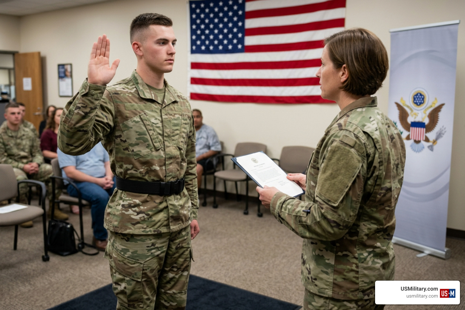 A young recruit taking the oath of enlistment at a Military Entrance Processing Station A young recruit taking the oath of enlistment at a Military Entrance Processing Station