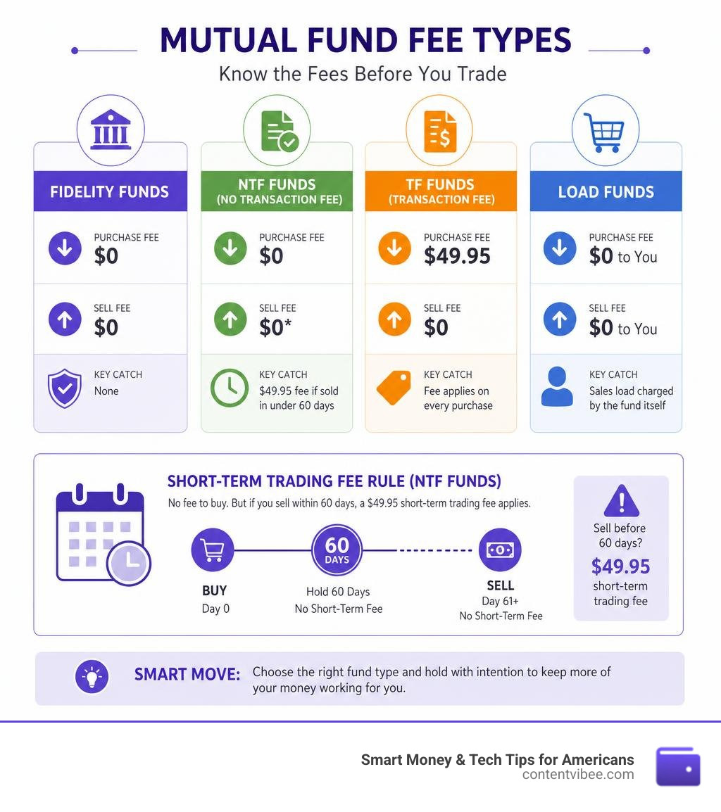 Fidelity mutual fund fee types: NTF, TF, load funds, and short-term trading fee rules explained infographic