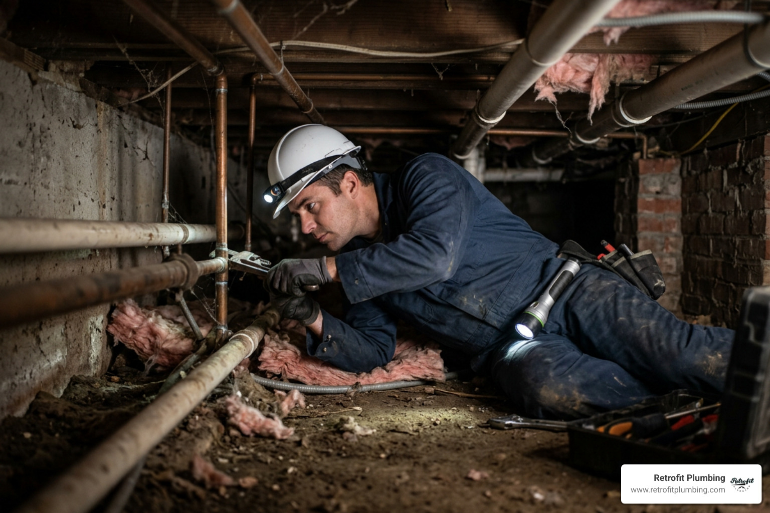 Plumber working in a tight crawlspace Plumber working in a tight crawlspace