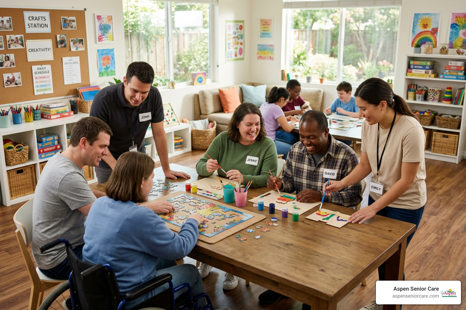 An active adult day program where participants engage in collaborative crafts and games