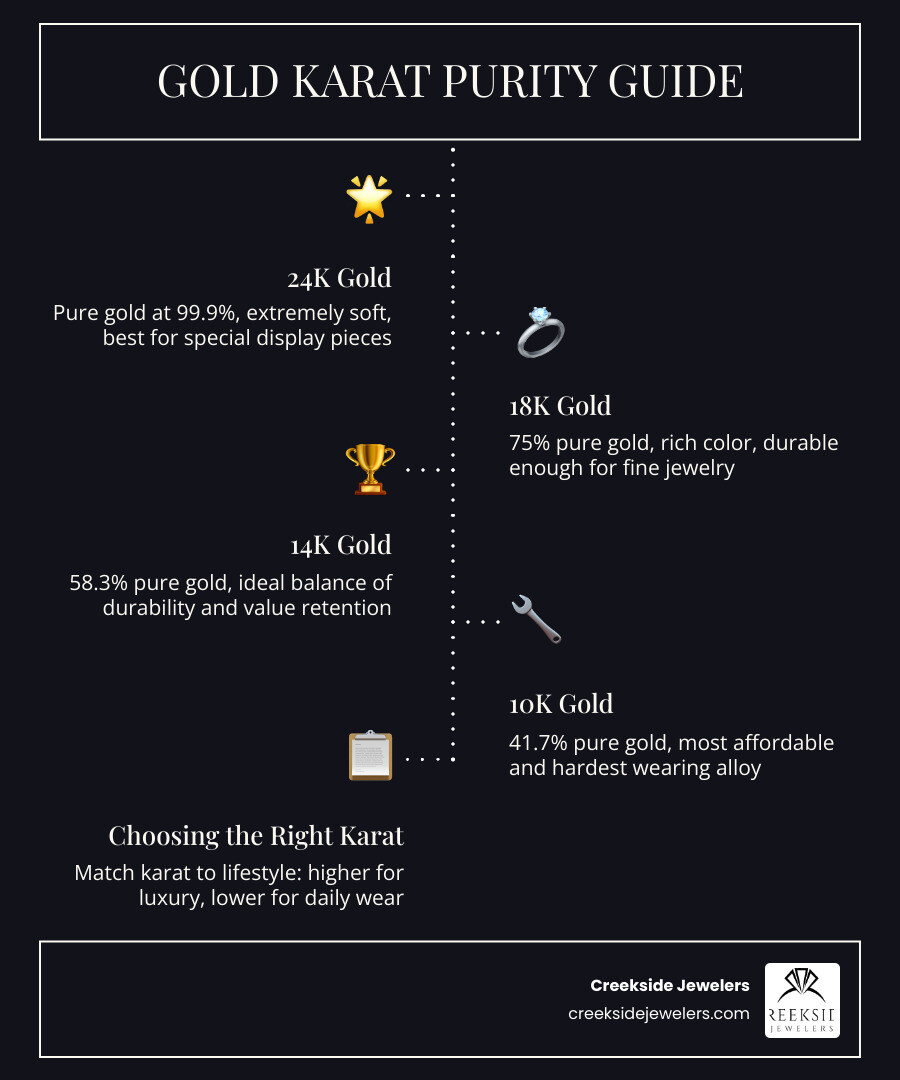 Infographic showing gold karat levels, purity percentages, and best uses for 10K, 14K, 18K, and 24K gold infographic